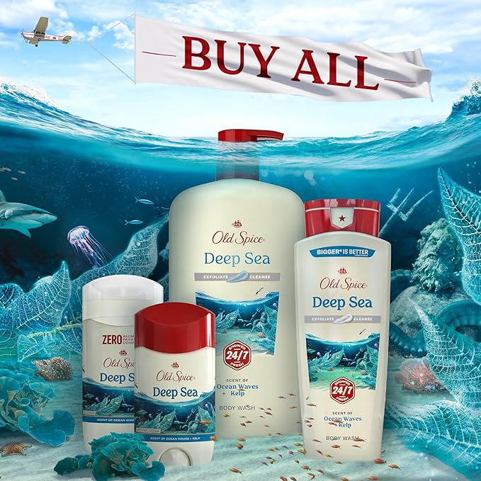 Old Spice Cleansing Body Wash for Men, 24/7 Shower Fresh with Lasting Scent, Exfoliate & Cleanse, Gentle on Skin, Vitamin B3, Deep Sea with Ocean Waves + Kelp Scent, 18 oz (Pack of 4)