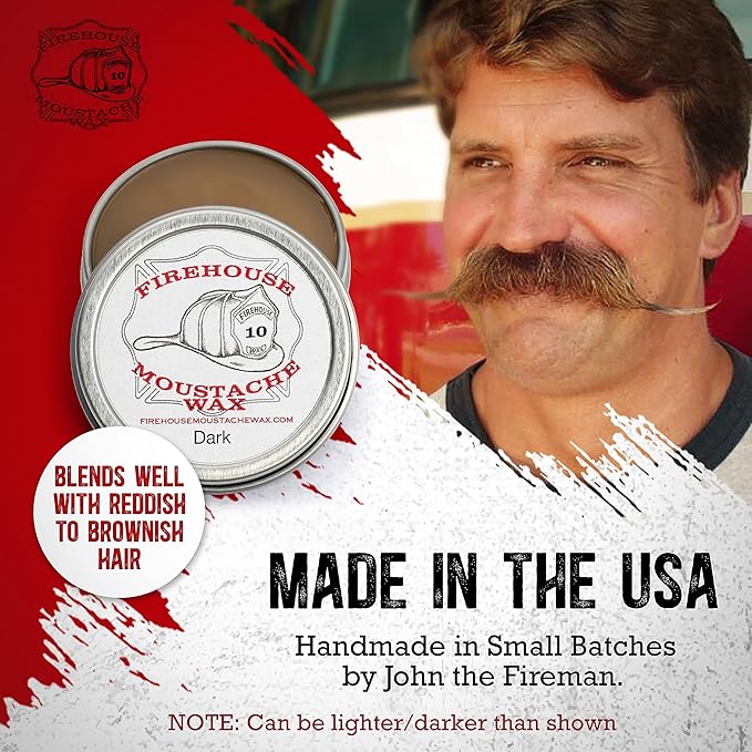 Firehouse Moustache Wax - Made in USA - for Beard & Mustache Shaping - All-Weather, Naturally Scented and Colored Beard Wax (DARK, 1 Ounce Tin) - Handmade in Small Batches by John the Fireman