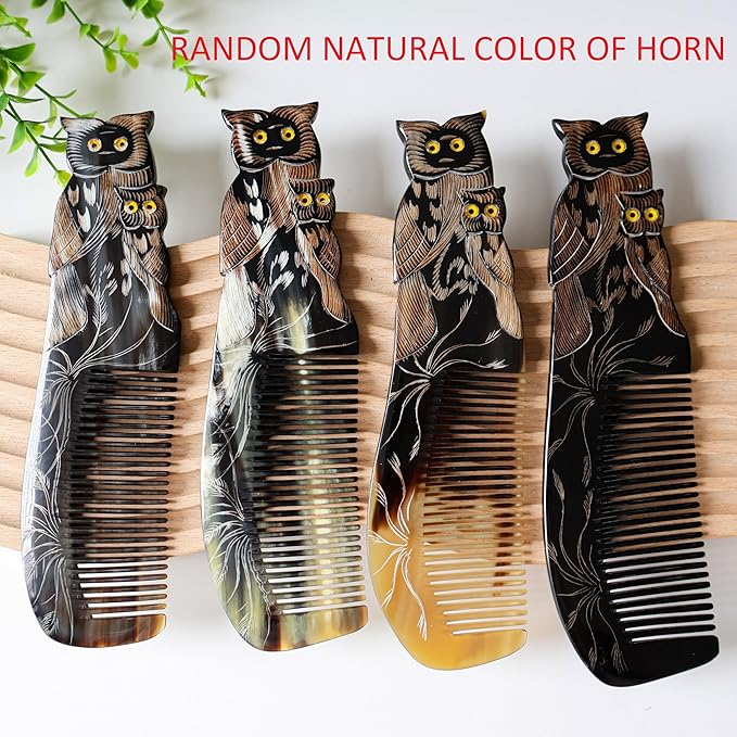 Symbol of LUCK & Knowledge, Natural Buffalo Horn Comb, Ox Horn Comb Anti-Static, Luxury Double Pigeon, Buffalo Horn Hair Comb for Anti Static Massage (Owl)