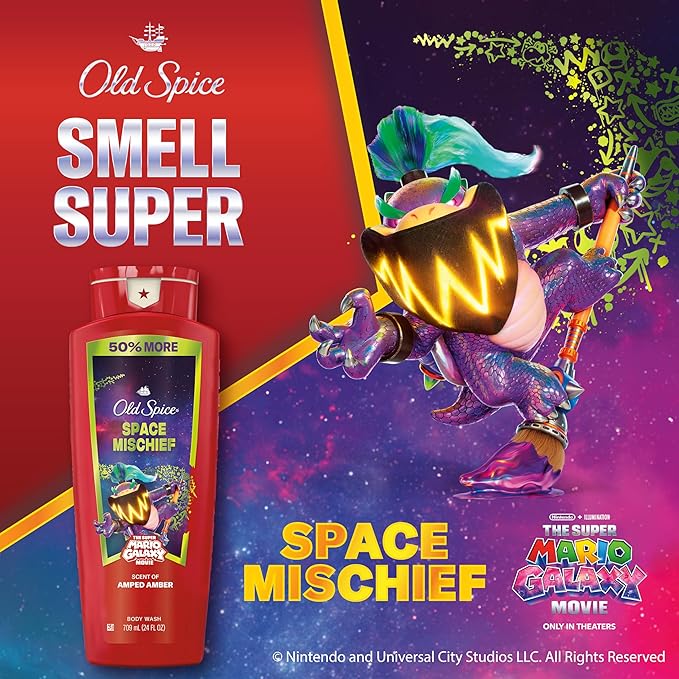 Old Spice Body & Face Wash for Men, x The Super Mario Galaxy Movie, 3X Defense, 24/7 Shower Fresh with Long Lasting Scent, Smell Super with Space Mischief, Amped Amber Scent, 24 oz