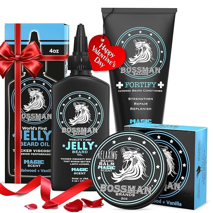 Bossman Essentials Beard Kit for Men, Set of 3 - Beard Oil Jelly, Fortifying Conditioner Cream, Beard Balm - Grooming Growth Care Accessories - Gift Set for Men (Magic)