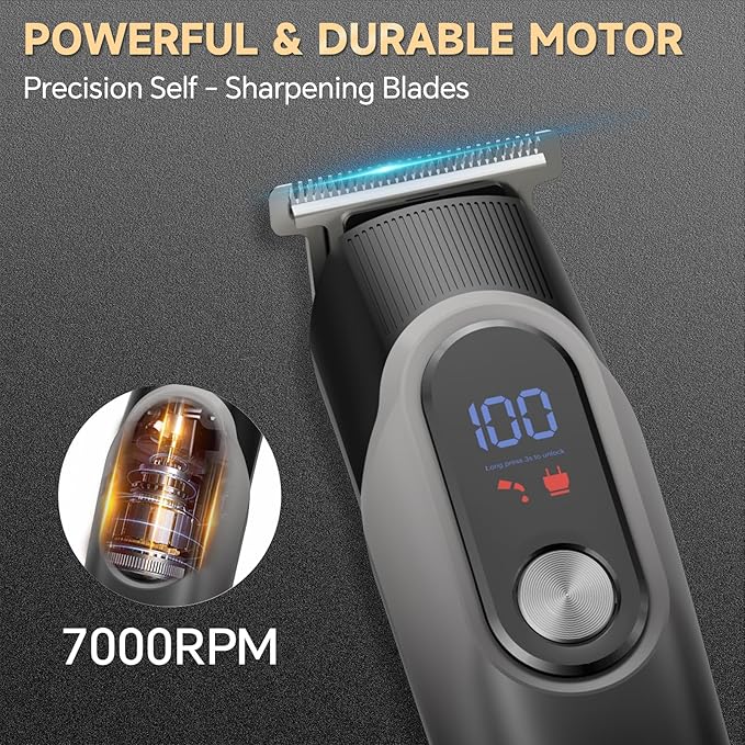 Beard Trimmer for Men, Professional Mustache Trimmer, Rechargeable Electric Razor for Men with T-Blade, Cordless Hair Clippers, Mens Grooming Kits for Body/Face/Ear/Nose, LED Display, Gray
