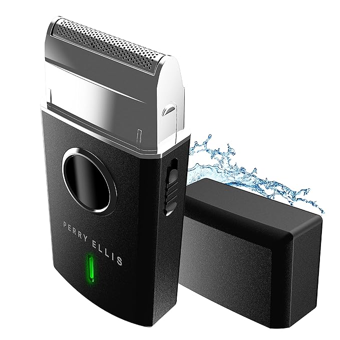 Perry Ellis Travel Electric Shaver, Face Shaver for Mustache and Beard Stubble, Rechargeable and Water-Resistant Foil Shaver, 2 1/2-Hour Battery Capacity, Black, Silver