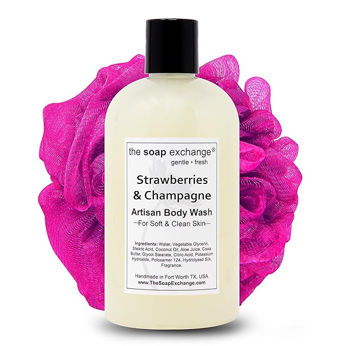 The Soap Exchange Body Wash - Strawberries & Champagne Scent - Hand Crafted 12 fl oz / 354 ml Natural Artisan Liquid Soap for Hand, Face & Body, Shower Gel, Cleanse, Moisturize, Protect.