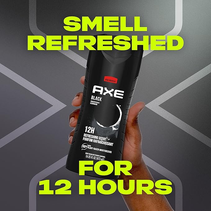 AXE Body Wash 12h Refreshing Scent Cleanser Black Frozen Pear and Cedarwood Men's Body Wash with 100 percent Plant-Based Moisturizers 16 oz (Pack of 2)