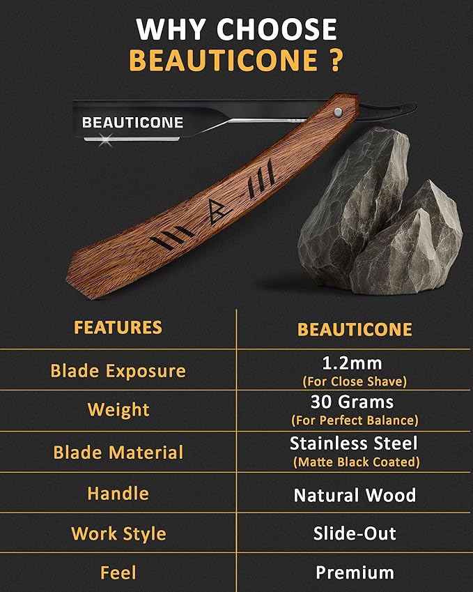 BEAUTICONE Straight Razors for Men, Straight Edge Razor with 100 Single Edge Blades, Stainless Steel, Barber Razor for Men's Shaving, Barber Shaving Knife, Wooden Handle, Slide-Out