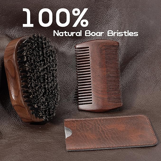 3PCS Beard Brush Comb Set for Men, Black Walnut Wood Dual Beard Comb & Case, Men's Natural Wooden Mustache Brush