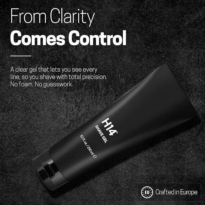 H14 Shave Gel for Men — Clear, Non-Foaming Gel with Glycerin & Panthenol — Soothes Razor Burn for Sensitive Skin — Precision Glide for Beard & Head Shavers — 8.5 fl oz / 250 ml