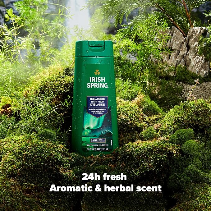 Irish Spring Icelandic Night Moisturizing Face and Body Wash for Men, 24 Hour Fresh, Paraben Free, Aromatic and Herbal Scent, 20 fl oz Bottle (Pack of 4)