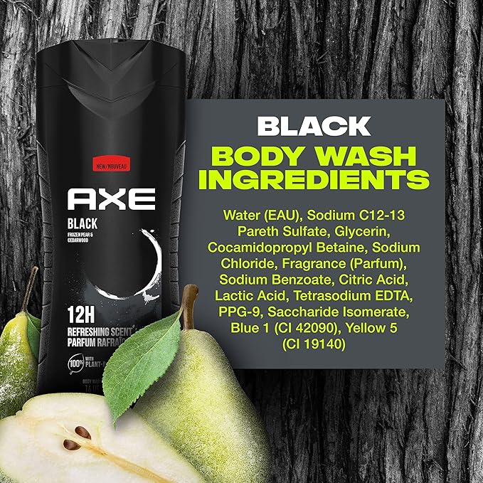 AXE Body Wash 12h Refreshing Scent Cleanser Black Frozen Pear and Cedarwood Men's Body Wash with 100 percent Plant-Based Moisturizers 16 oz (Pack of 2)