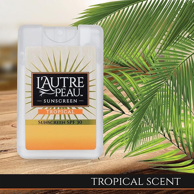 SPF 30 Sunscreen Multi-Pack by L'AUTRE PEAU | Travel Size Sunscreen for Men, Women, and Kids | Non-Greasy Water Resistant | Tropical Scent | TSA Approved | (3 Pack Sunscreen Credit Card Spray)