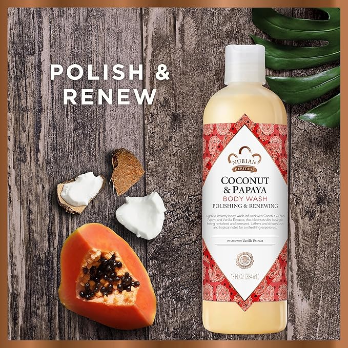 Nubian Heritage Coconut Papaya Body Wash Cleanser for Dry, Dull Skin Polish + Renew Hydrating Body Wash 13 oz