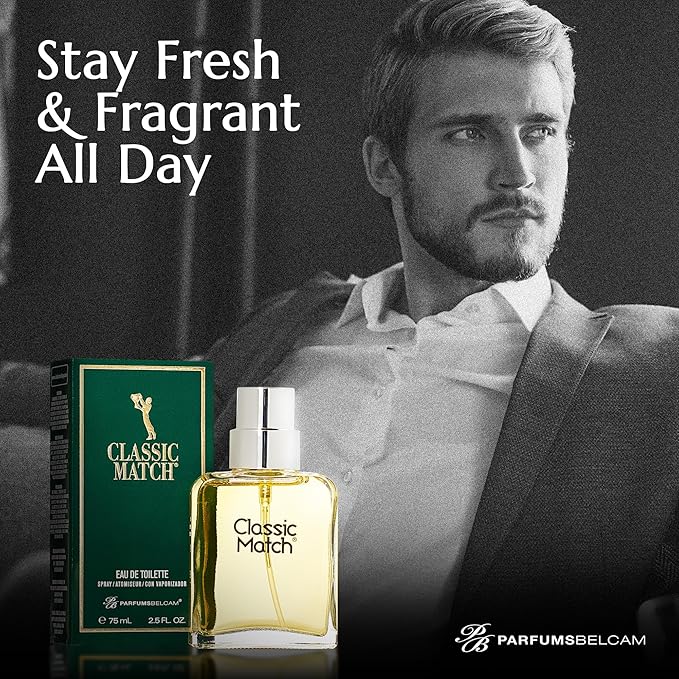 PB ParfumsBelcam Classic Match Green Eau De Toilette Spray for Men – Fresh Chypre Cologne, Bergamot, Basil, Musk, Long-Lasting Masculine Fragrance, Signature Scent – 2.5 Fl Oz