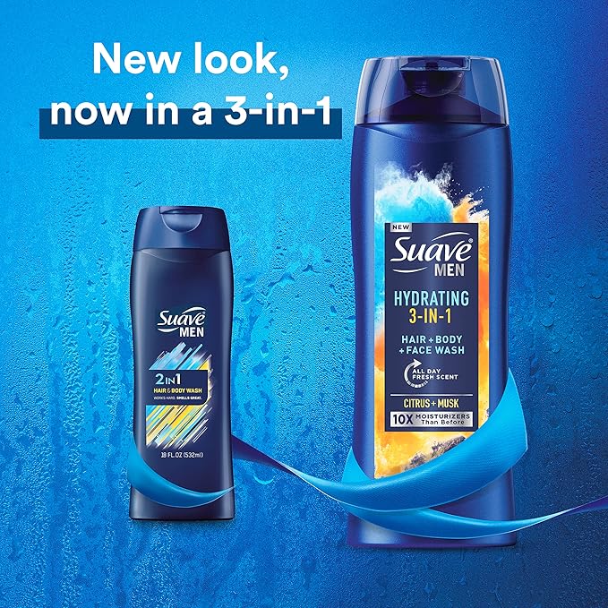 Suave Men 3 in 1 Mens Body Wash, Body Soap for Hydrated Skin and Hair, Hair, Face and Body Wash, With an All day Fresh Scent 18 oz (Pack of 2)