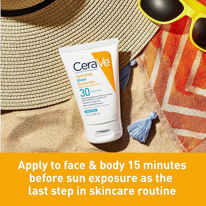 CeraVe Hydrating Sheer Sunscreen with SPF 30 for Face and Body, Mineral & Chemical Sunscreen for Men & Women with Zinc Oxide, Hyaluronic Acid and Ceramides, Paraben-Free + Fragrance-Free, 3 Ounces