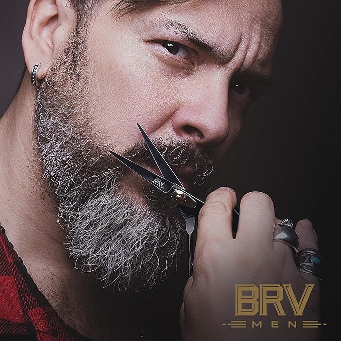 BRV MEN Professional Mustache & Beard Trimming Scissors - 5.5" | High Carbon Stainless Steel & Hammer Forged Mustache Scissors | Razor Sharp Facial Hair Trimming Shears (RIGHT HANDED - Black)