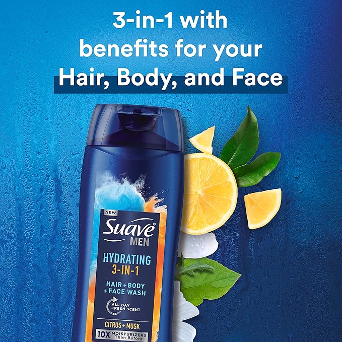 Suave Men 3 in 1 Mens Body Wash, Body Soap for Hydrated Skin and Hair, Hair, Face and Body Wash, With an All day Fresh Scent 18 oz (Pack of 2)