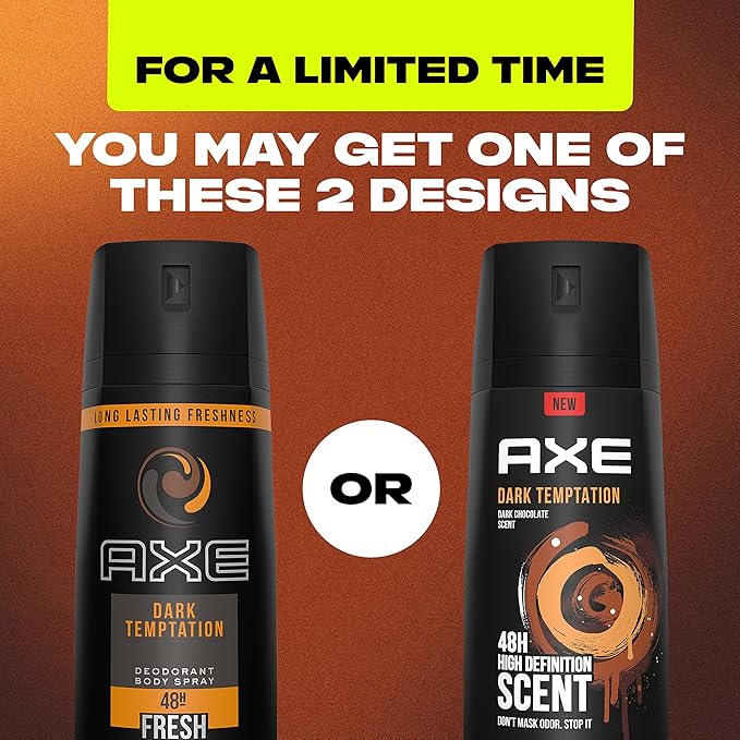 AXE Dual Action Body Spray Deodorant for Long Lasting Odor Protection Dark Temptation Body Spray Deodorant for Men Formulated Without Aluminum 4. 0 oz, Twin Pack
