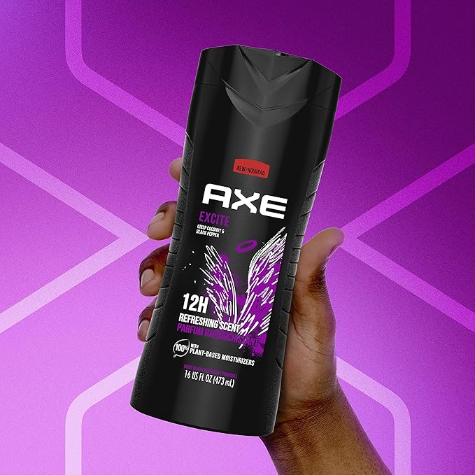 AXE Body Wash 12h Refreshing Scent Excite Crisp Coconut and Black Pepper Men's Body Wash with 100 percent Plant-Based Moisturizers 16 oz