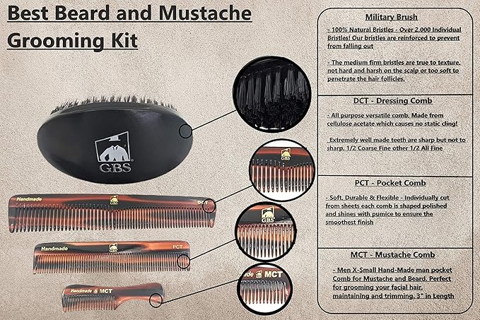 G.B.S Men’s Handmade Comb Set, Pure Synthetic Hair Brush, Dressing Comb, Pocket Comb, Mustache Comb and Military Style Hair Brush