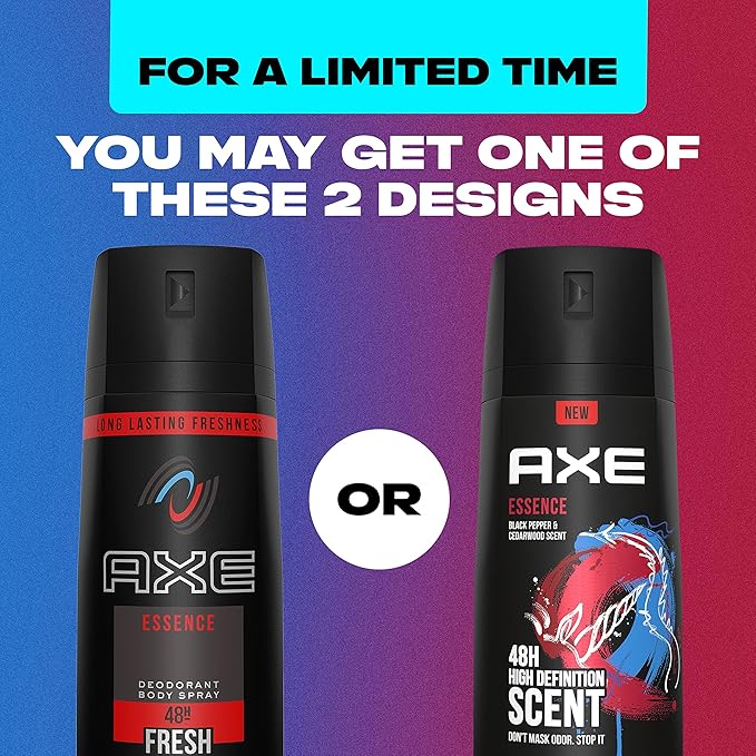 AXE Dual Action Body Spray Deodorant for Long Lasting Odor Protection Essence Black Pepper & Cedarwood Mens Deodorant Formulated Without Aluminum 4.0 oz, Twin Pack